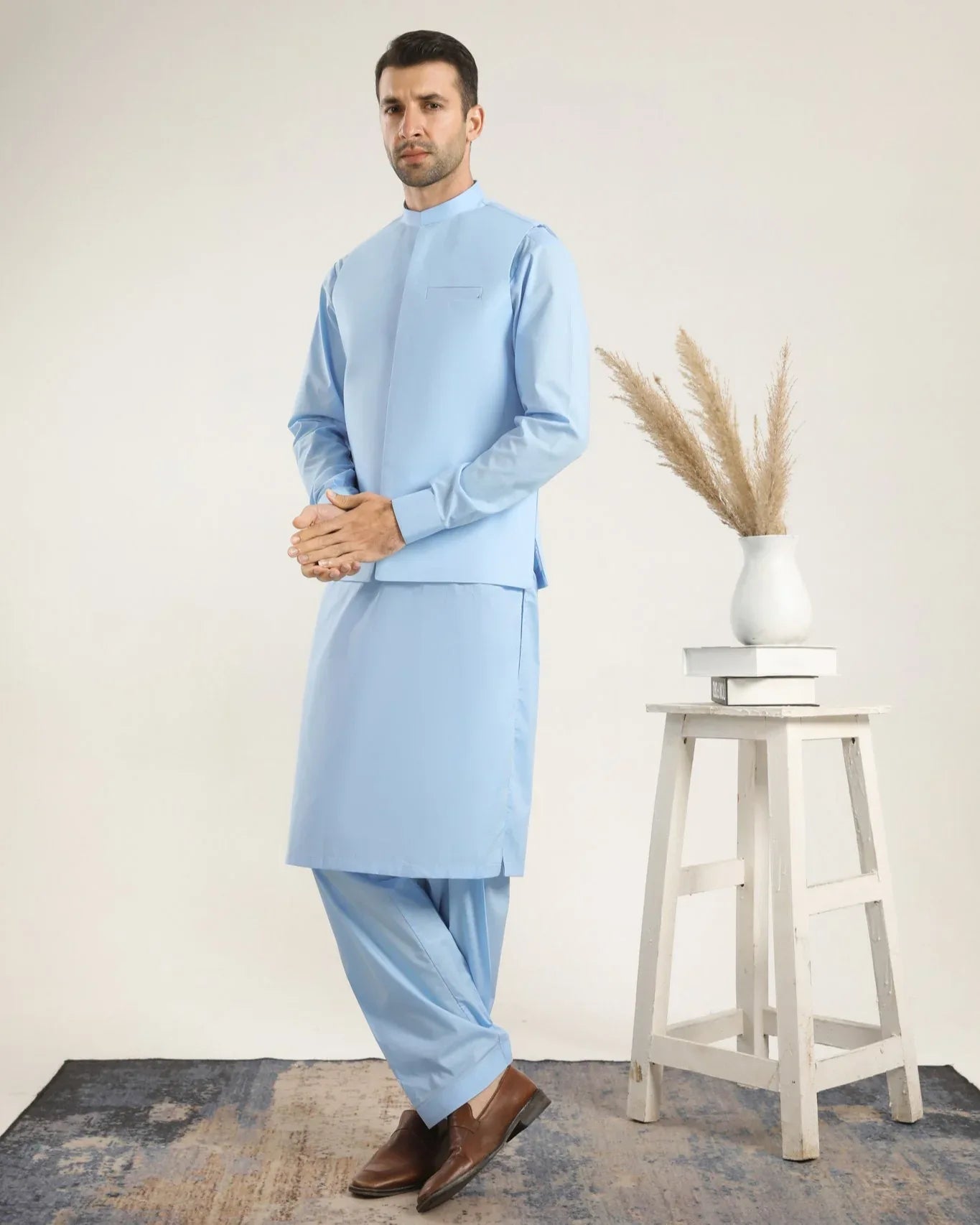 Sky Blue Soft Cotton Kurta Shalwar with Waistcoat - Men - Muraqsh -- Menswear