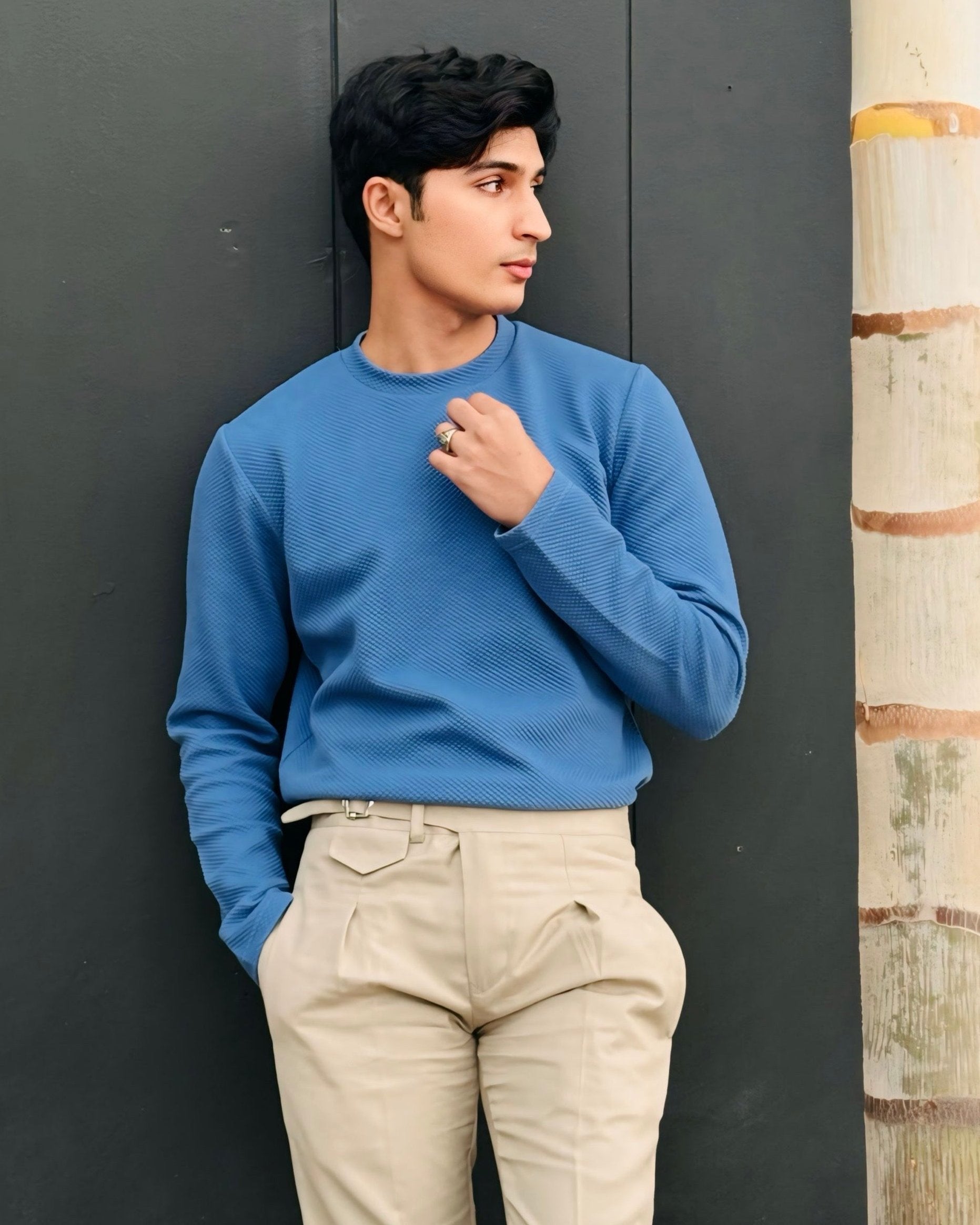 Waffle Sky Blue Sweat Shirt - Men