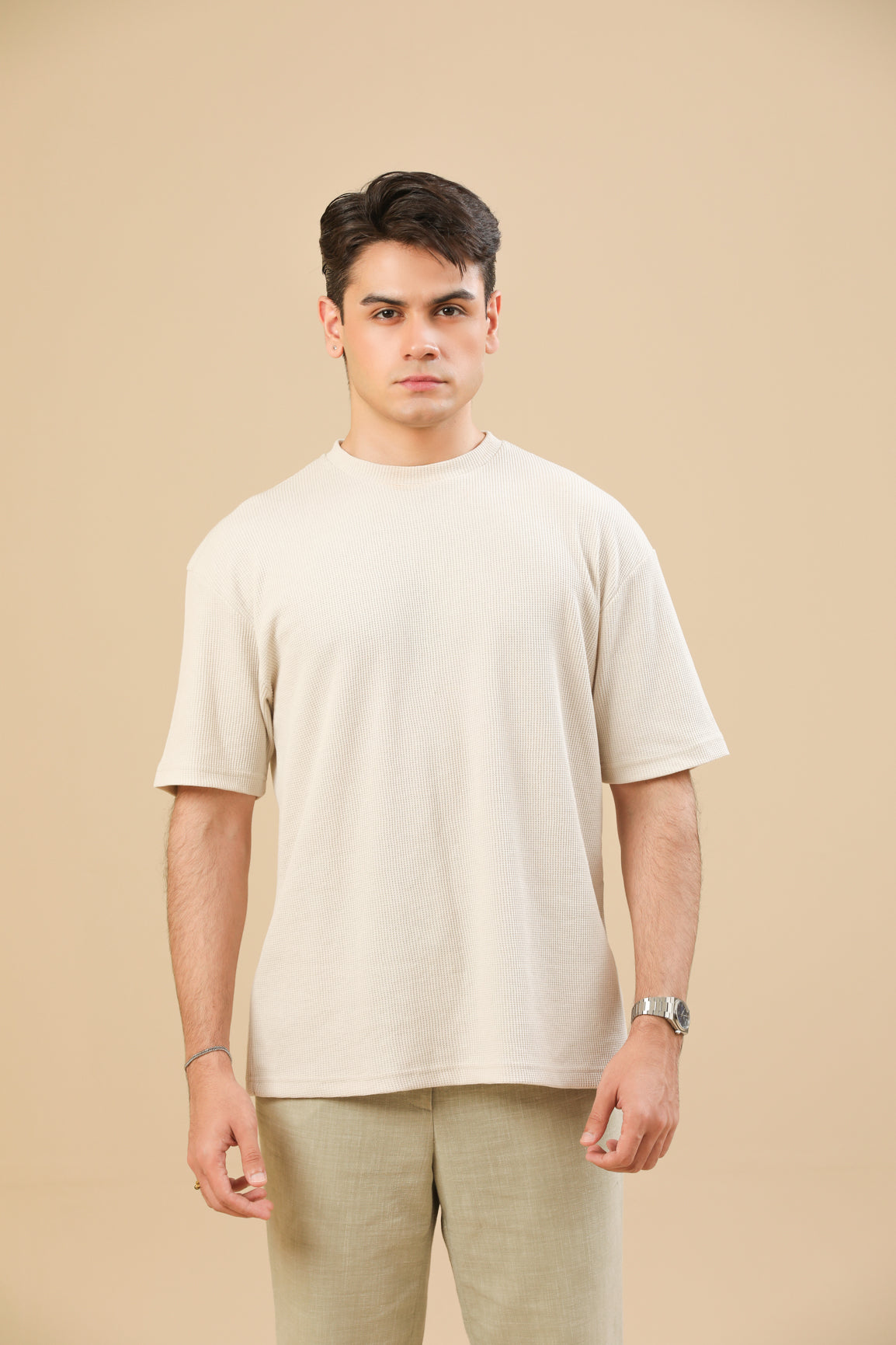 Off White Knit Textured Oversized T-Shirt - Men