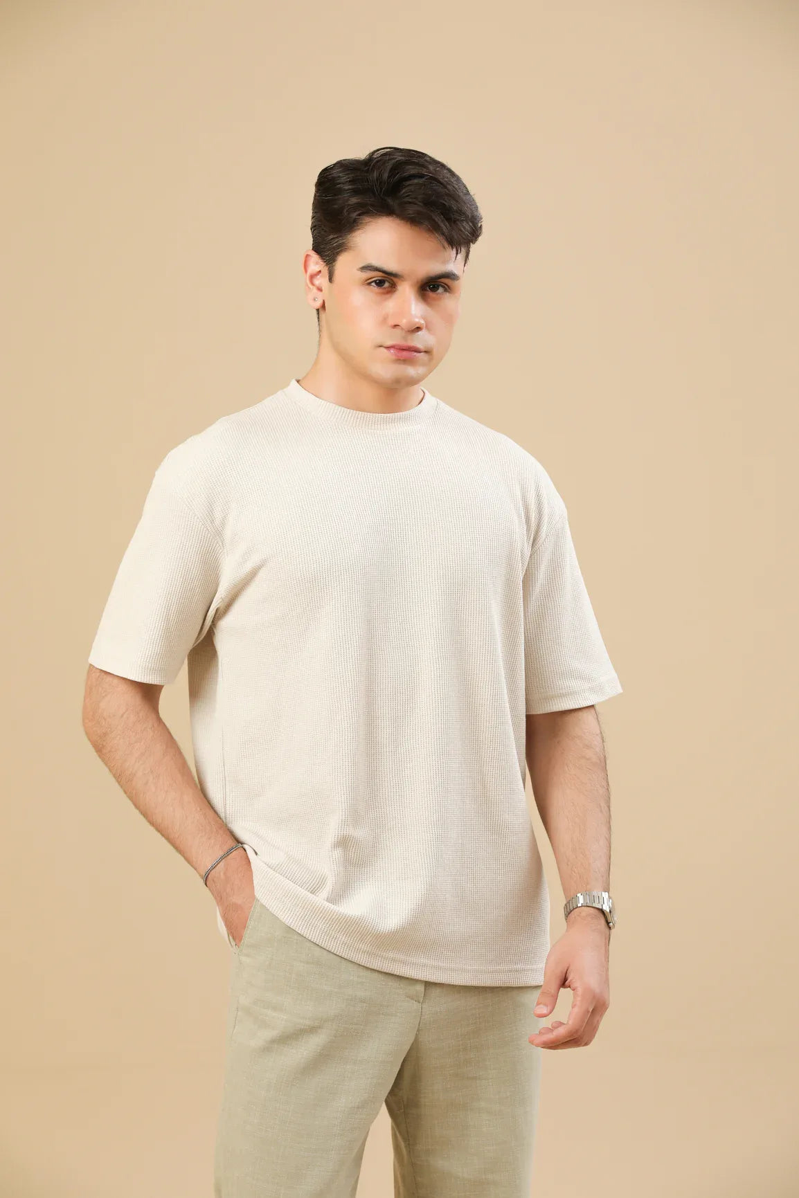 Off White Knit Textured Oversized T-Shirt - Men - Muraqsh -- Men Western