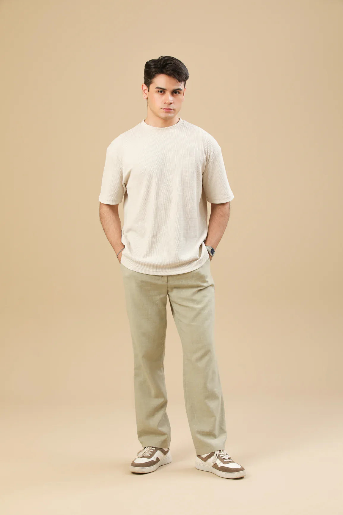 Off White Knit Textured Oversized T-Shirt - Men - Muraqsh -- Men Western