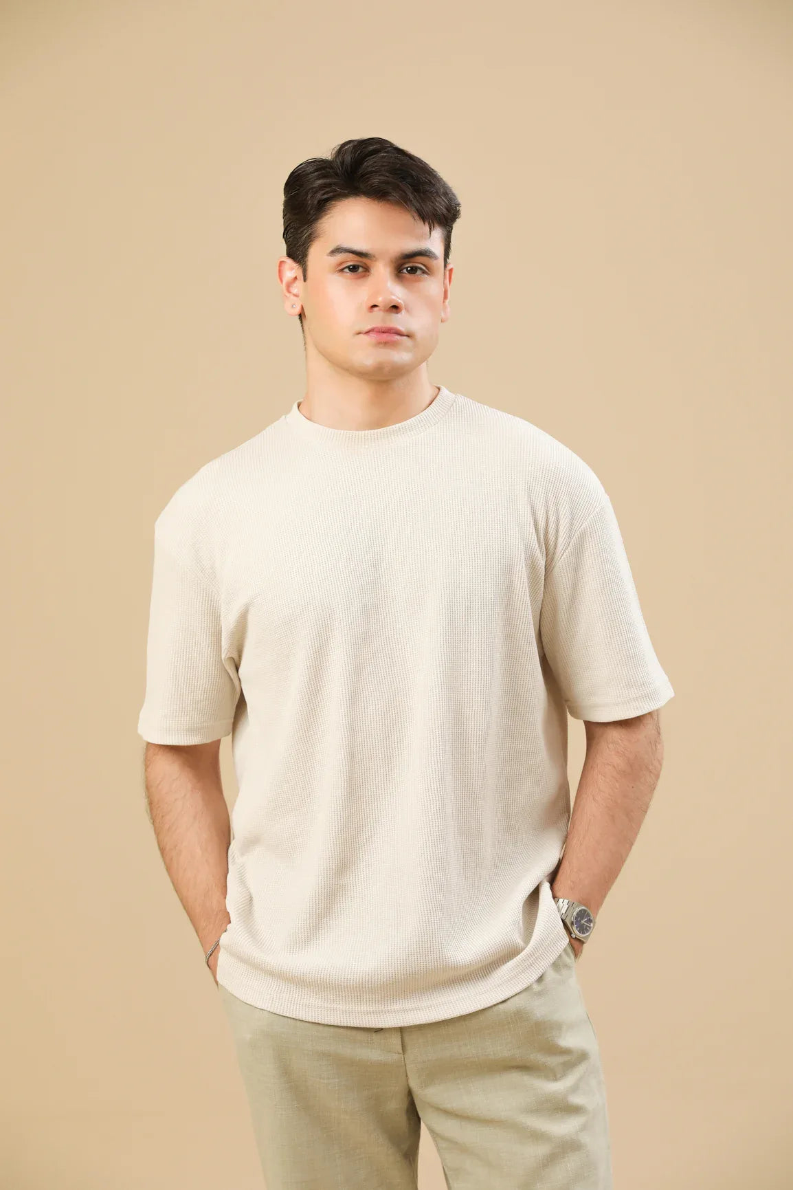 Off White Knit Textured Oversized T-Shirt - Men - Muraqsh -- Men Western