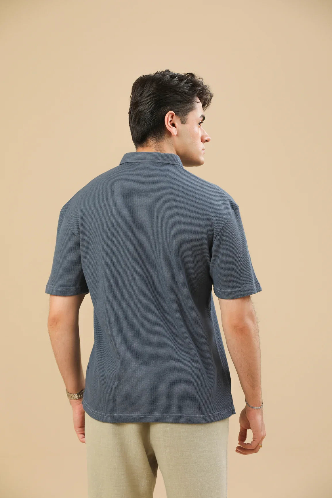 Midnight Blue Oversized Waffle Polo - Men - Muraqsh -- Men Western