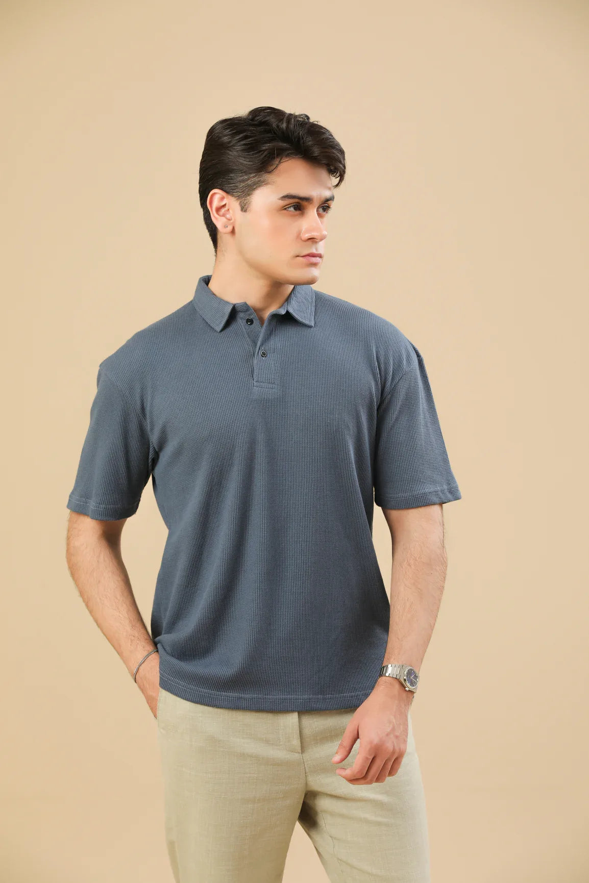 Midnight Blue Oversized Waffle Polo - Men - Muraqsh -- Men Western
