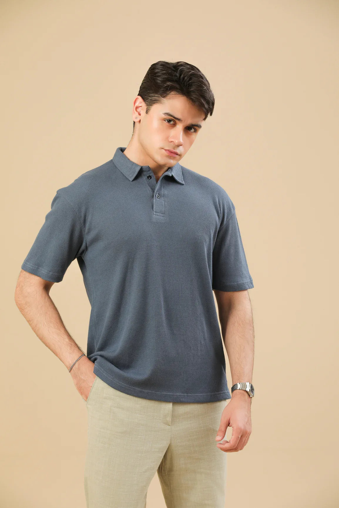 Midnight Blue Oversized Waffle Polo - Men - Muraqsh -- Men Western