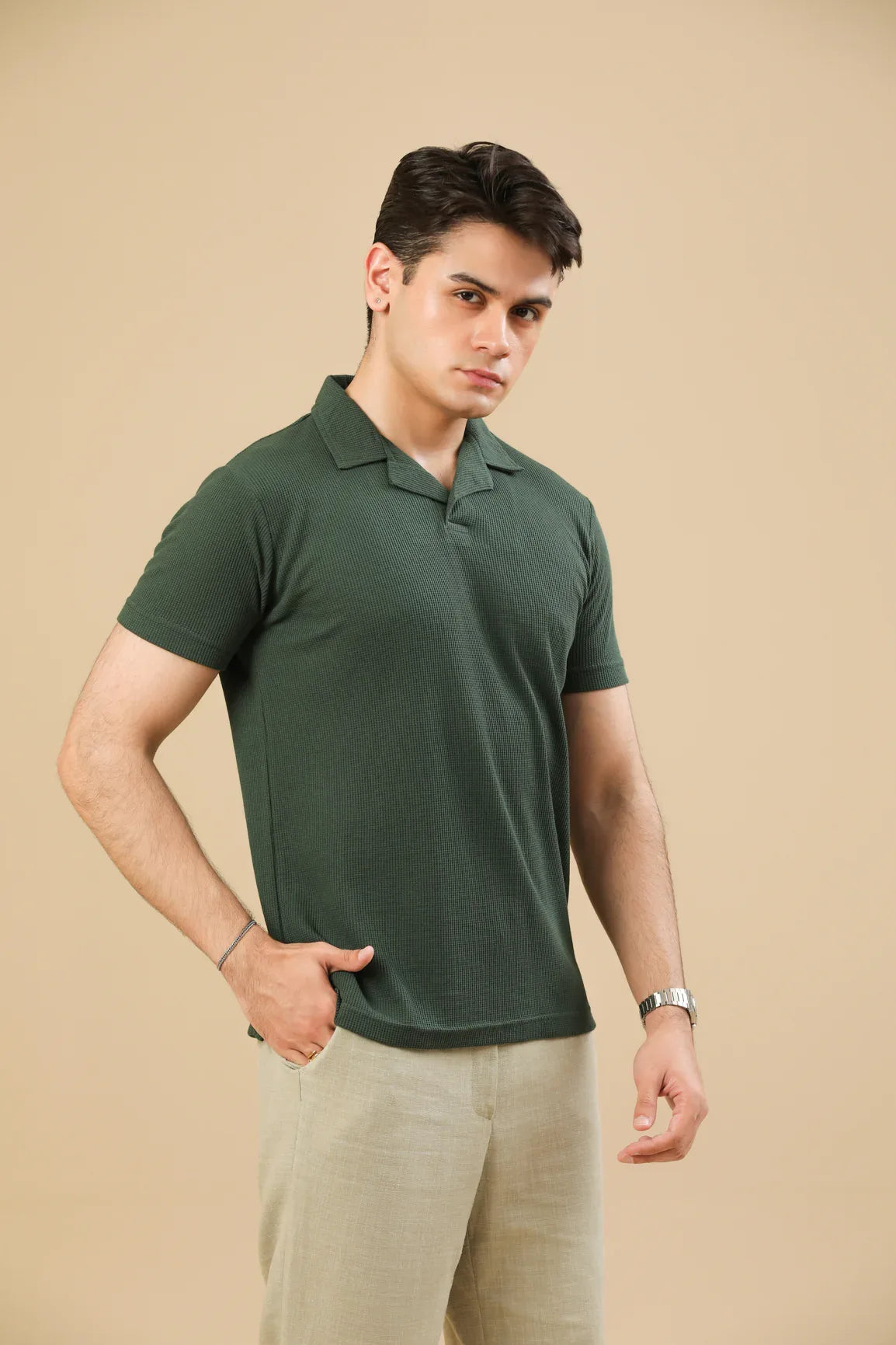 Waffle Bottle Green Revere Polo - Muraqsh -- Men Western