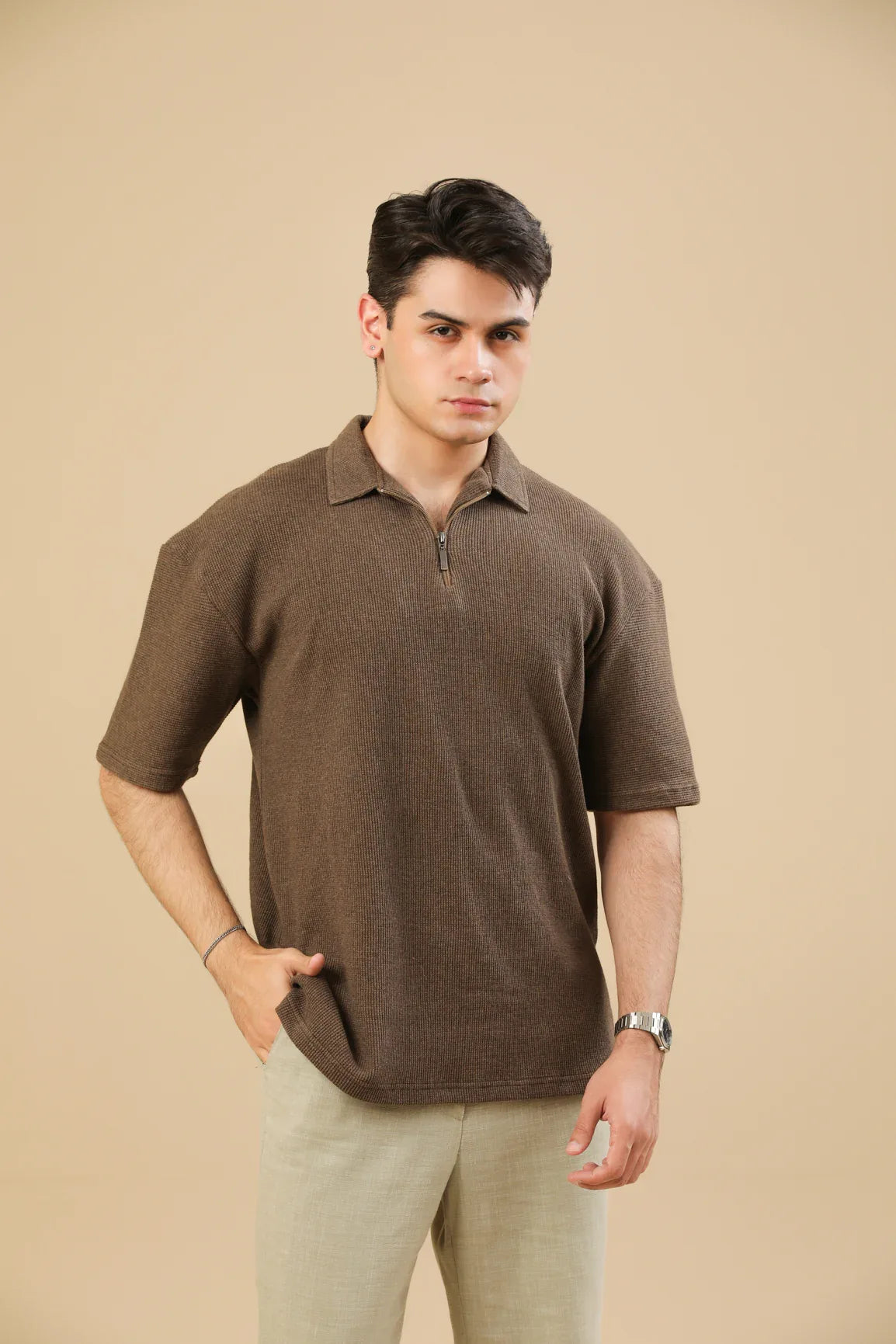 Coffee Brown Oversized Waffle Zipper Polo - Men - Muraqsh -- Men Western