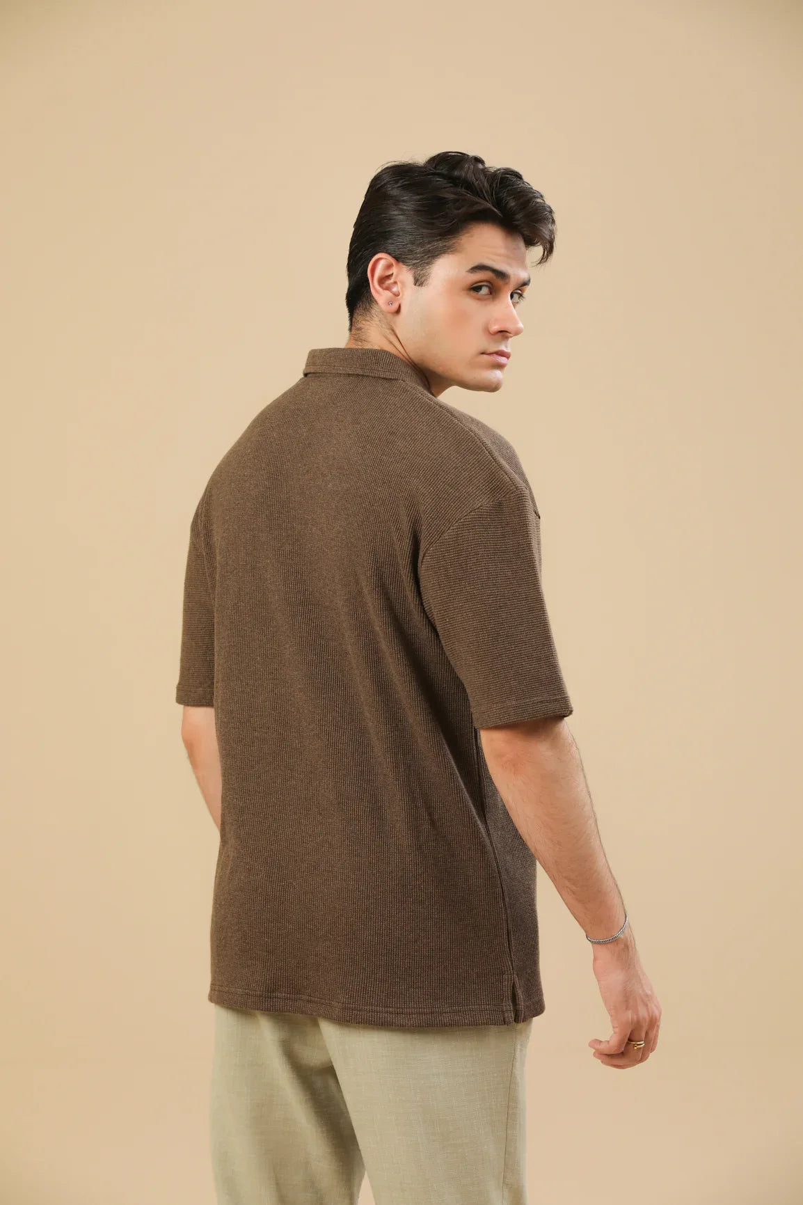 Coffee Brown Oversized Waffle Zipper Polo - Men - Muraqsh -- Men Western