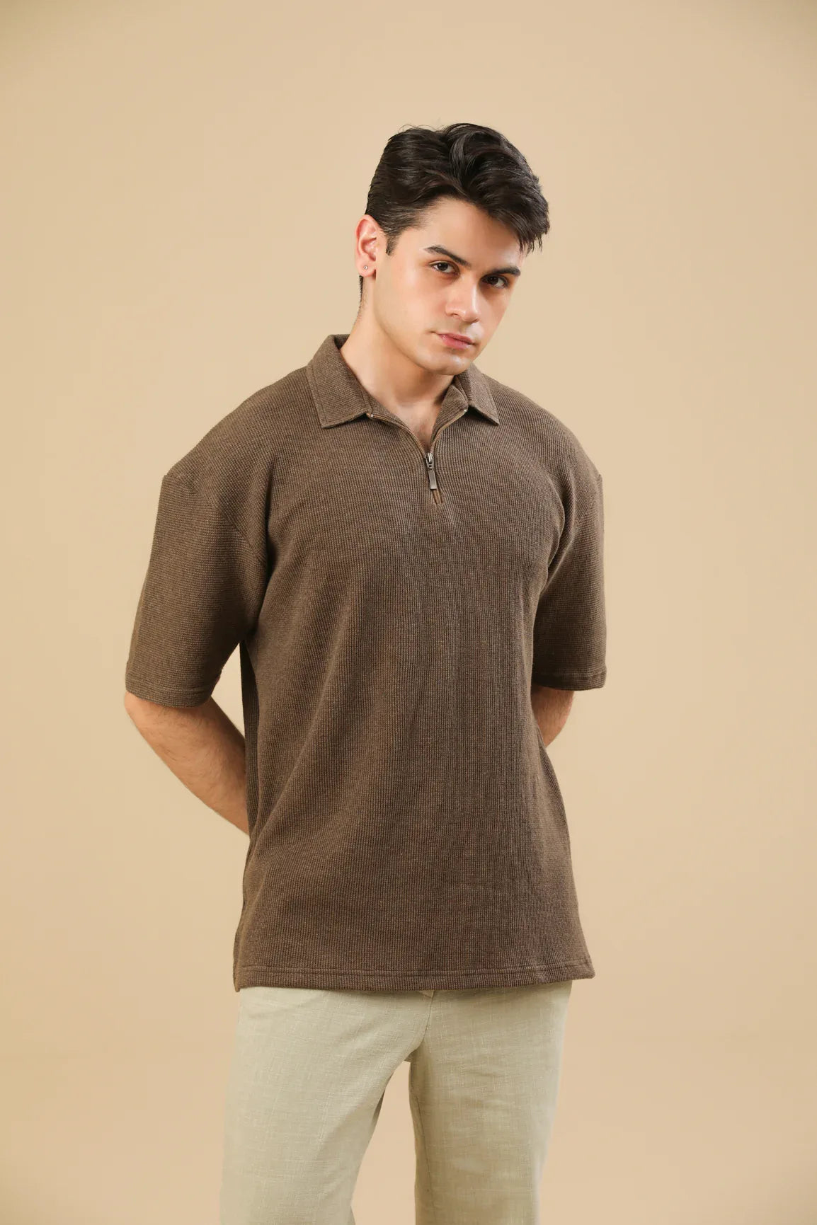 Coffee Brown Oversized Waffle Zipper Polo - Men - Muraqsh -- Men Western