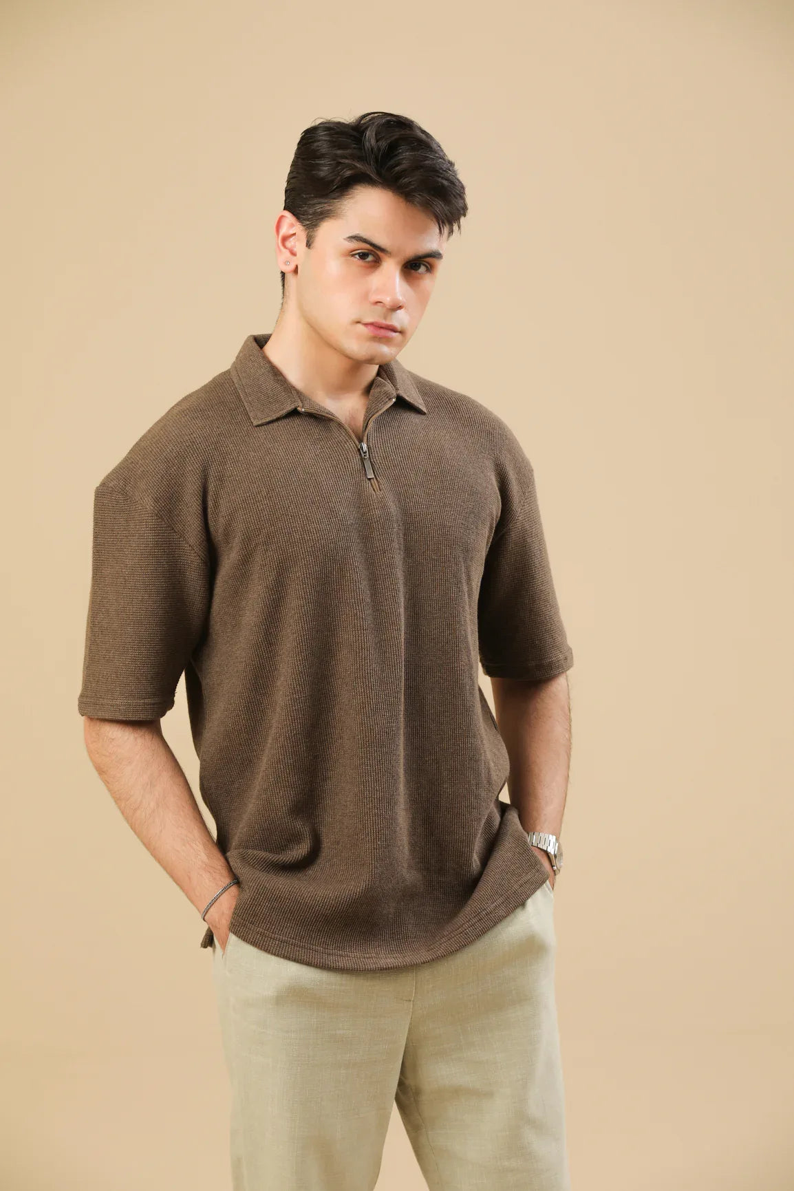 Coffee Brown Oversized Waffle Zipper Polo - Men - Muraqsh -- Men Western