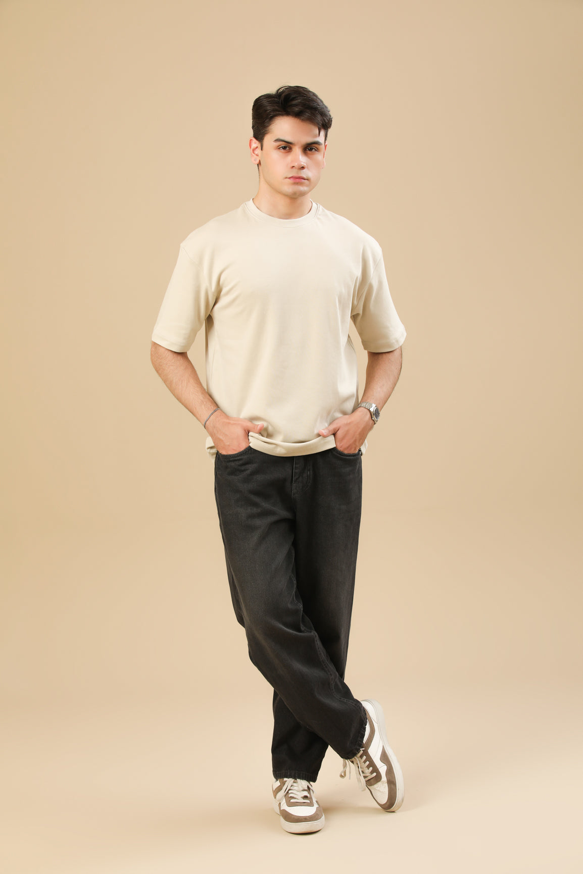 Beige Interlock Oversized Tee - Men