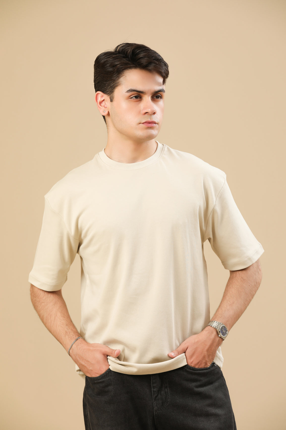 Beige Interlock Oversized Tee - Men