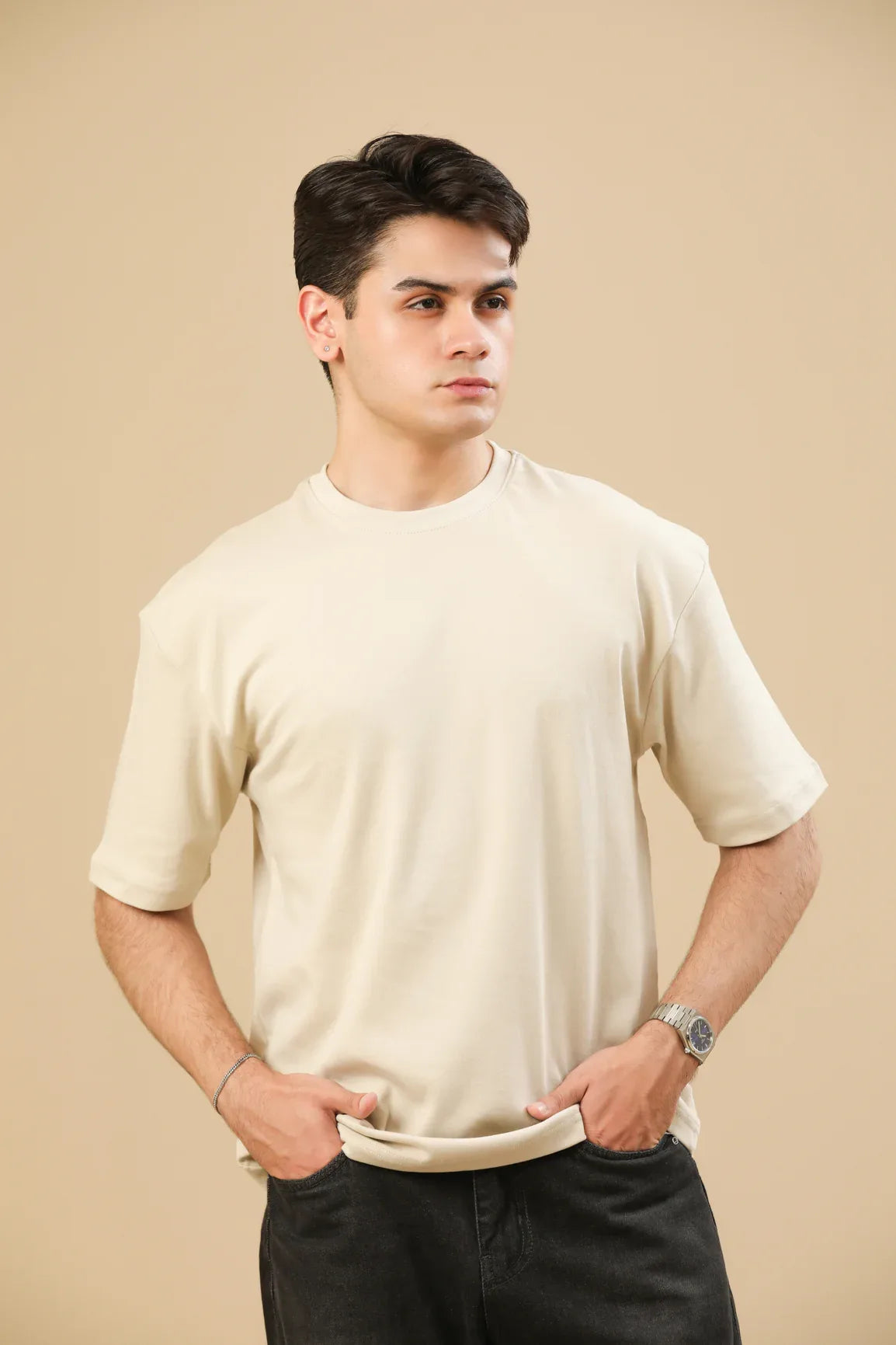 Beige Interlock Oversized Tee - Men - Muraqsh -- Men Western