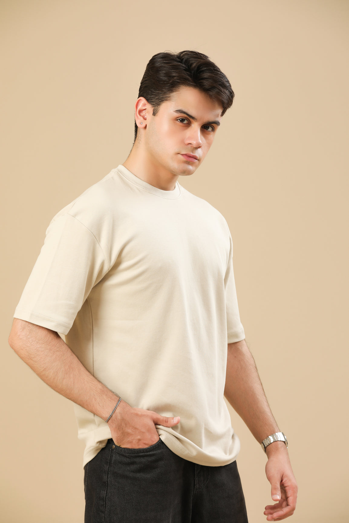 Beige Interlock Oversized Tee - Men