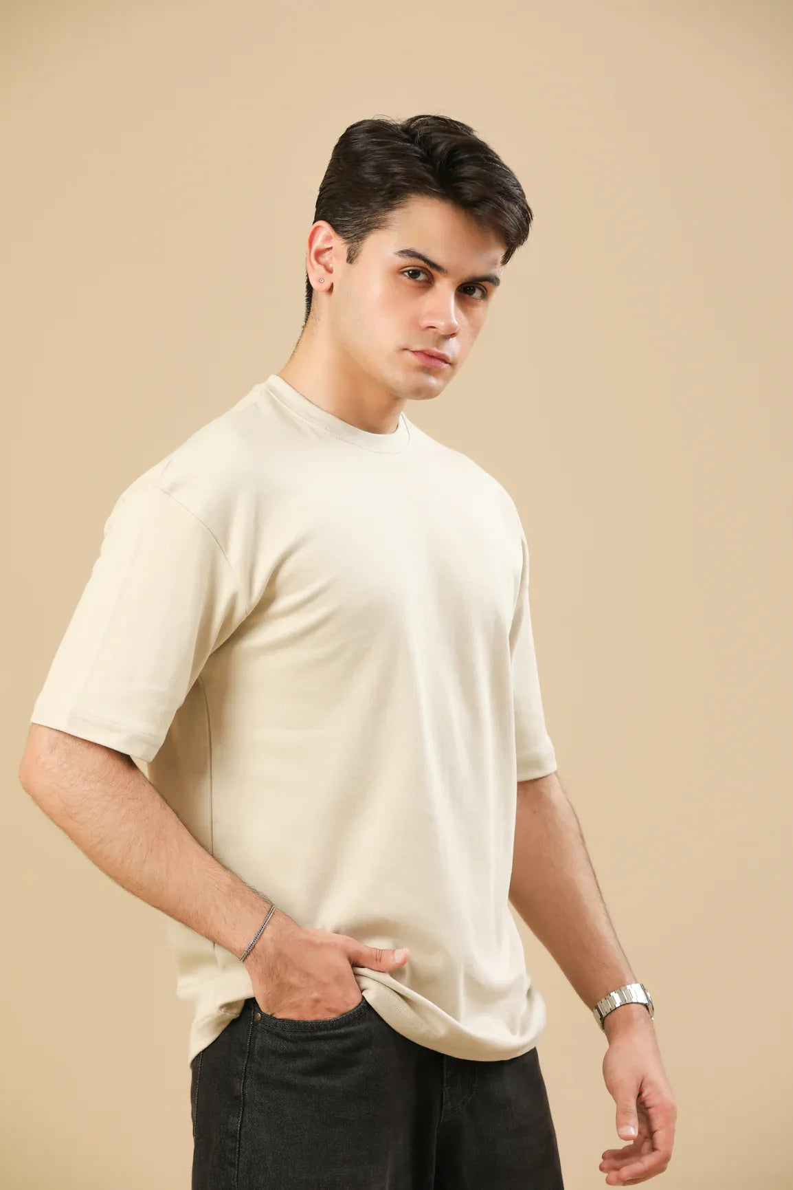 Beige Interlock Oversized Tee - Men - Muraqsh -- Men Western