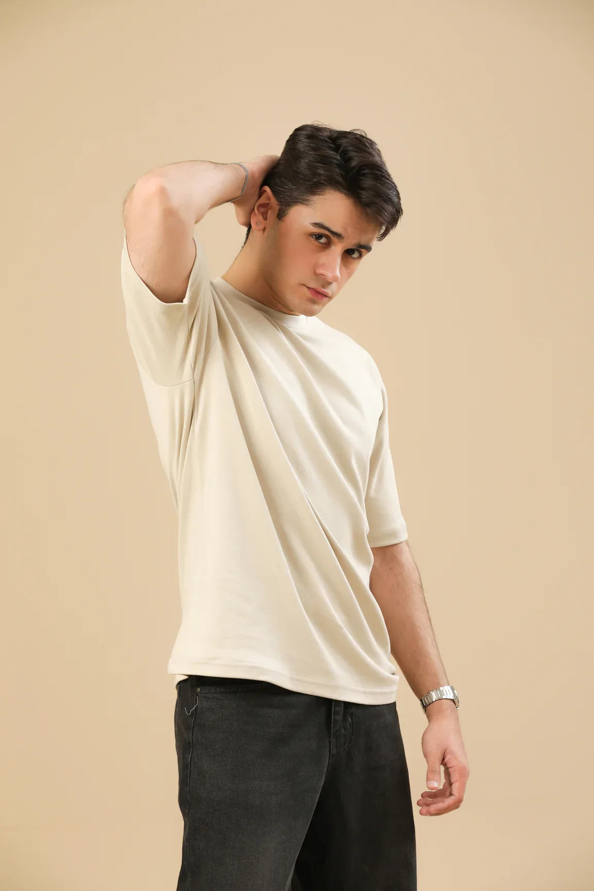 Beige Interlock Oversized Tee - Men - Muraqsh -- Men Western