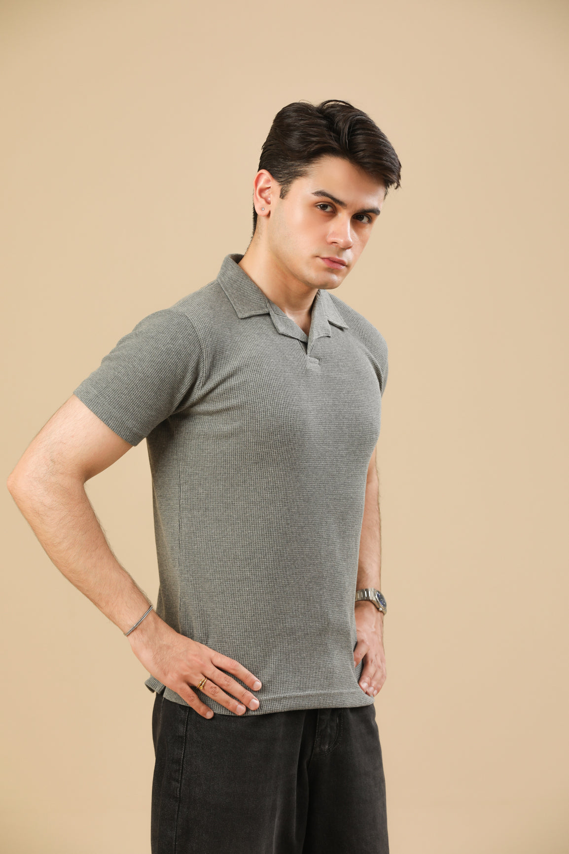 Light Grey Waffle Revere Polo - Men