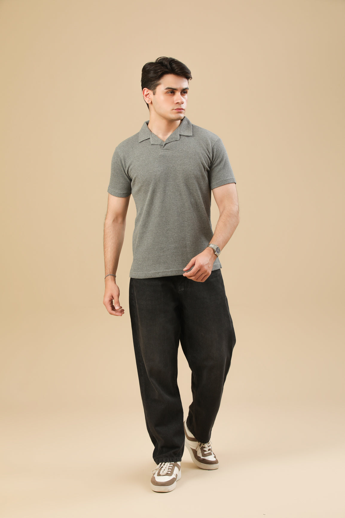 Light Grey Waffle Revere Polo - Men