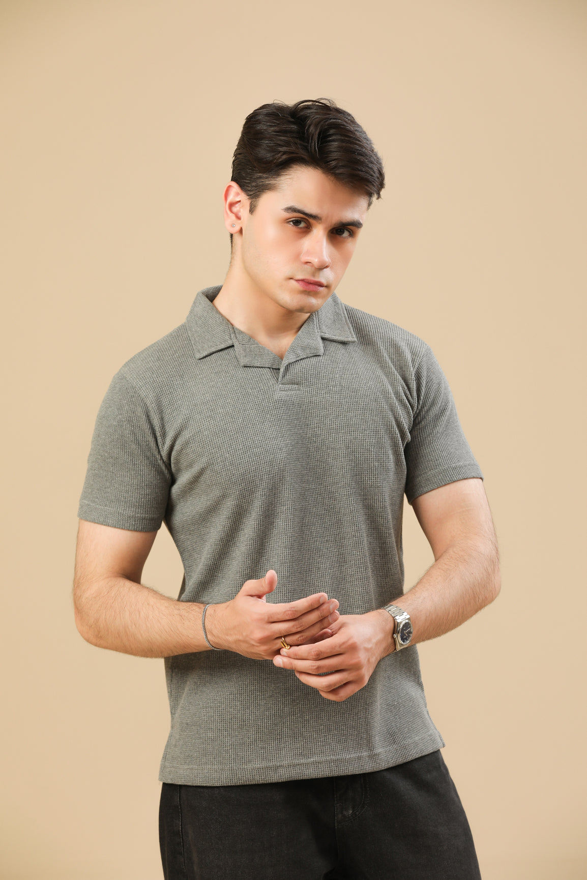 Light Grey Waffle Revere Polo - Men