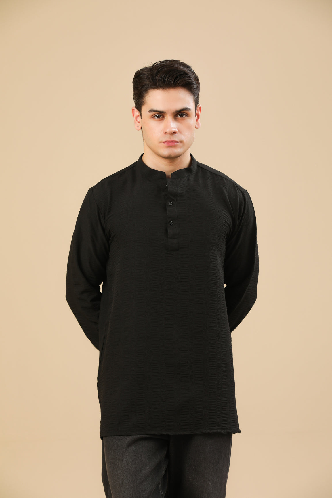 Black Textured Short Kurta - Men