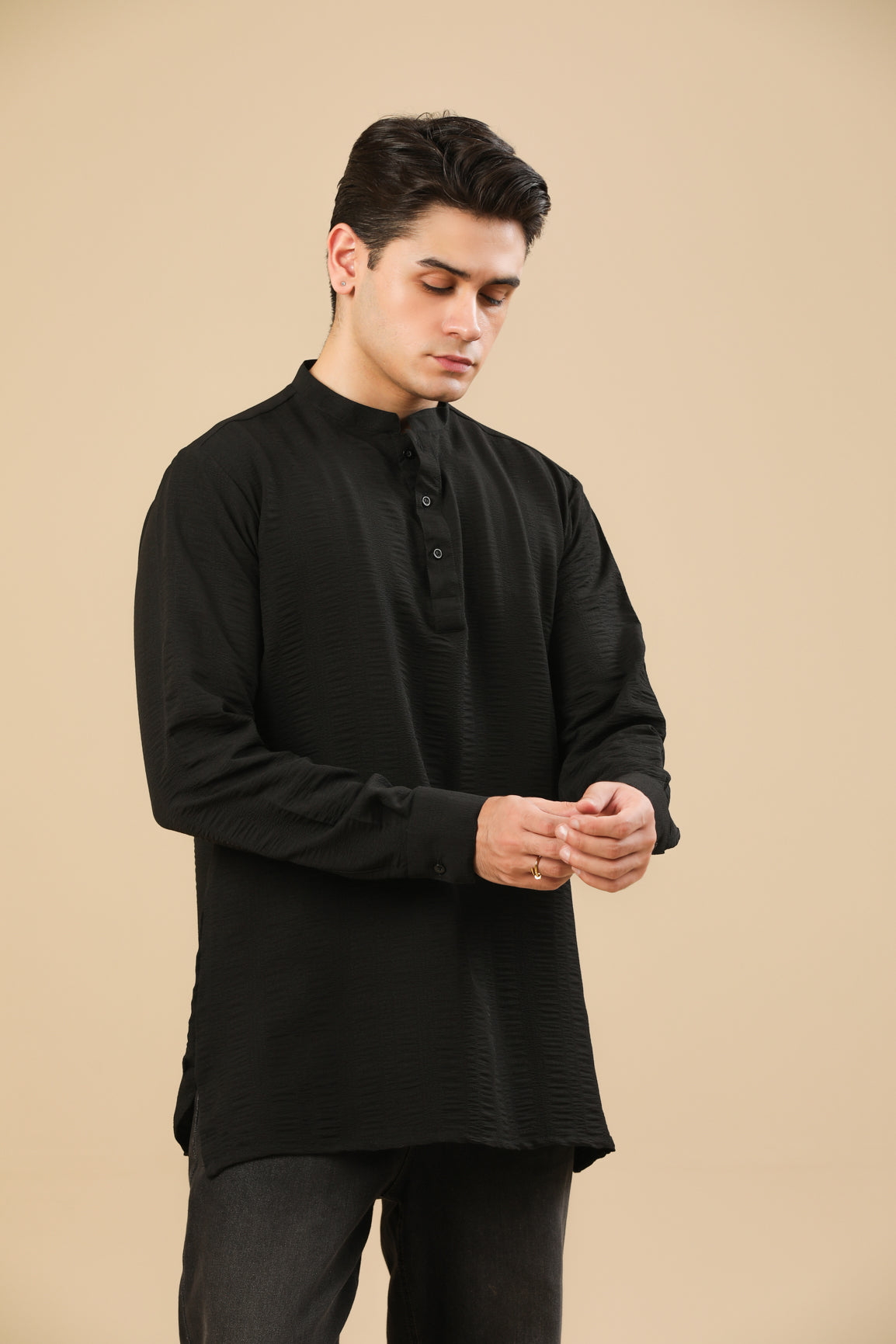 Black Textured Short Kurta - Men