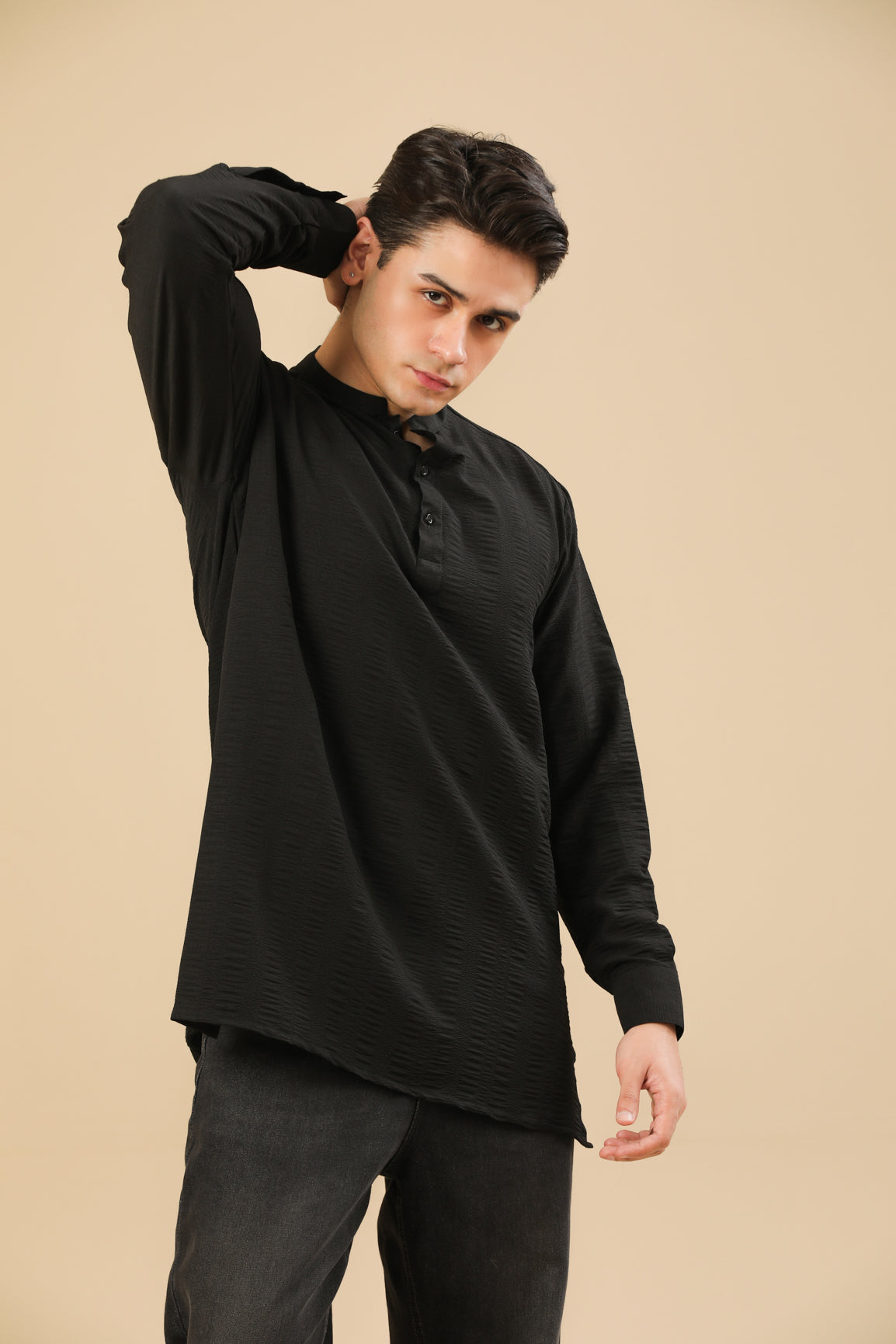 Black Textured Short Kurta - Men