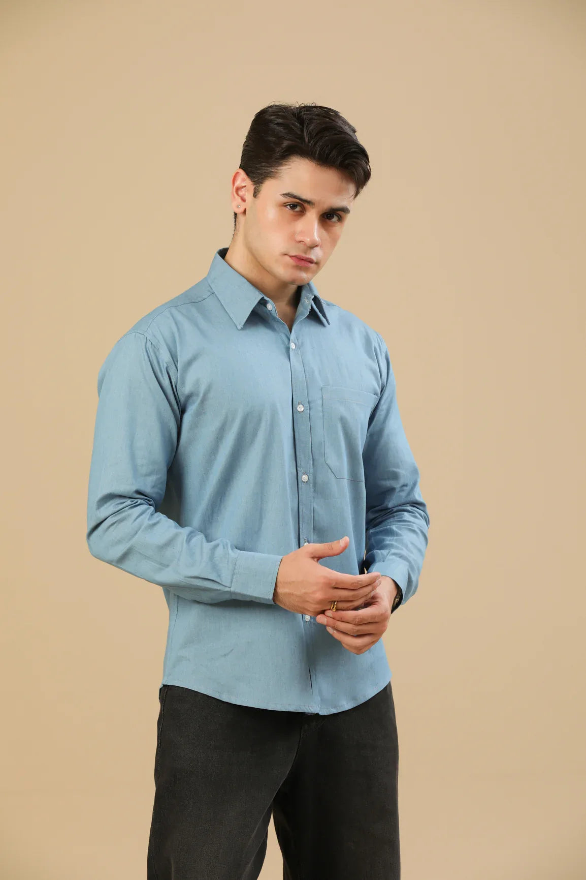 Aqua Blue Casual Denim Shirt - Men - Muraqsh -- Men Western