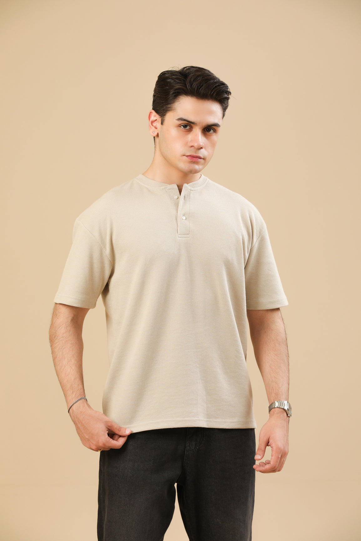 Beige White Waffle Oversized Henley - Men