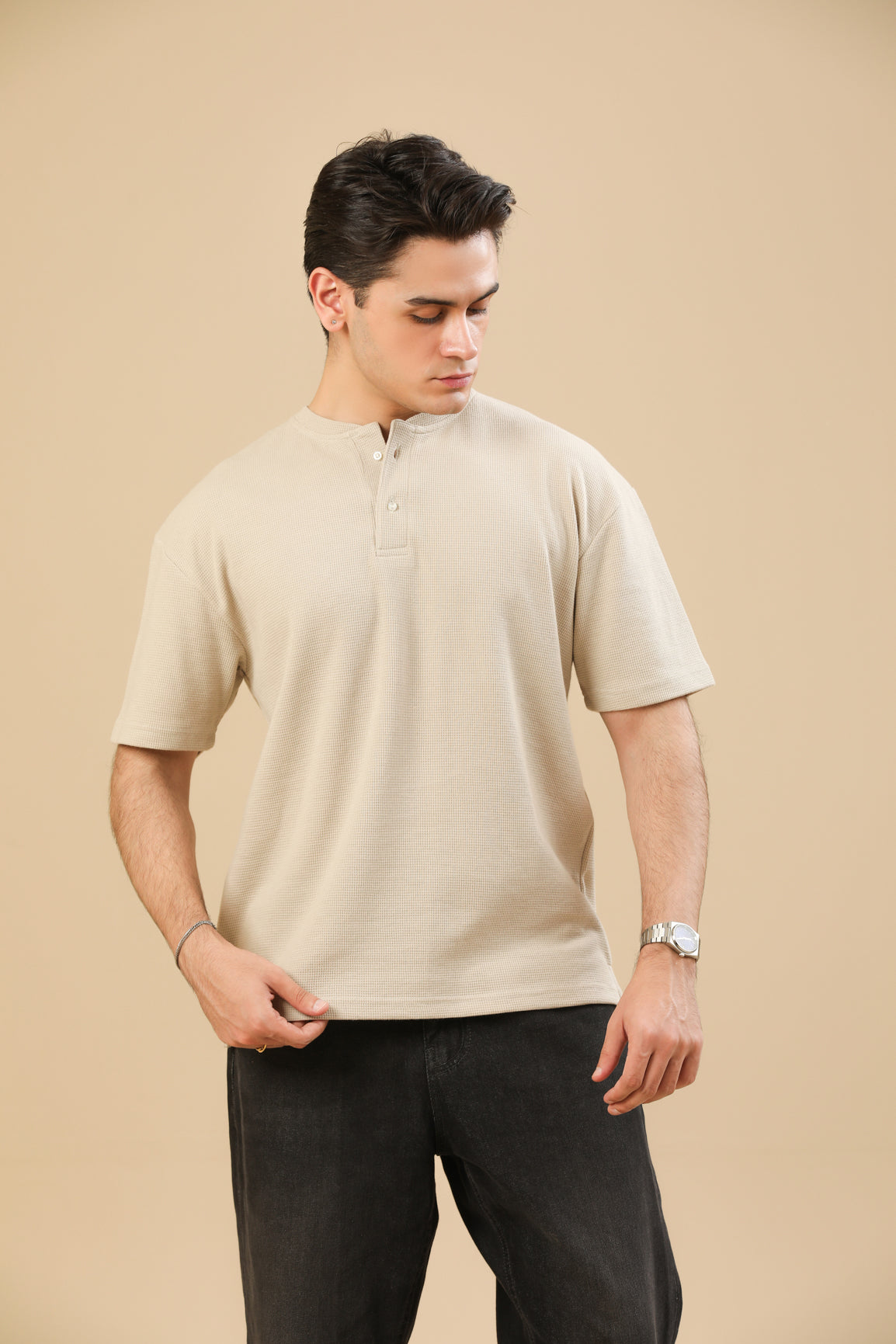 Beige White Waffle Oversized Henley - Men