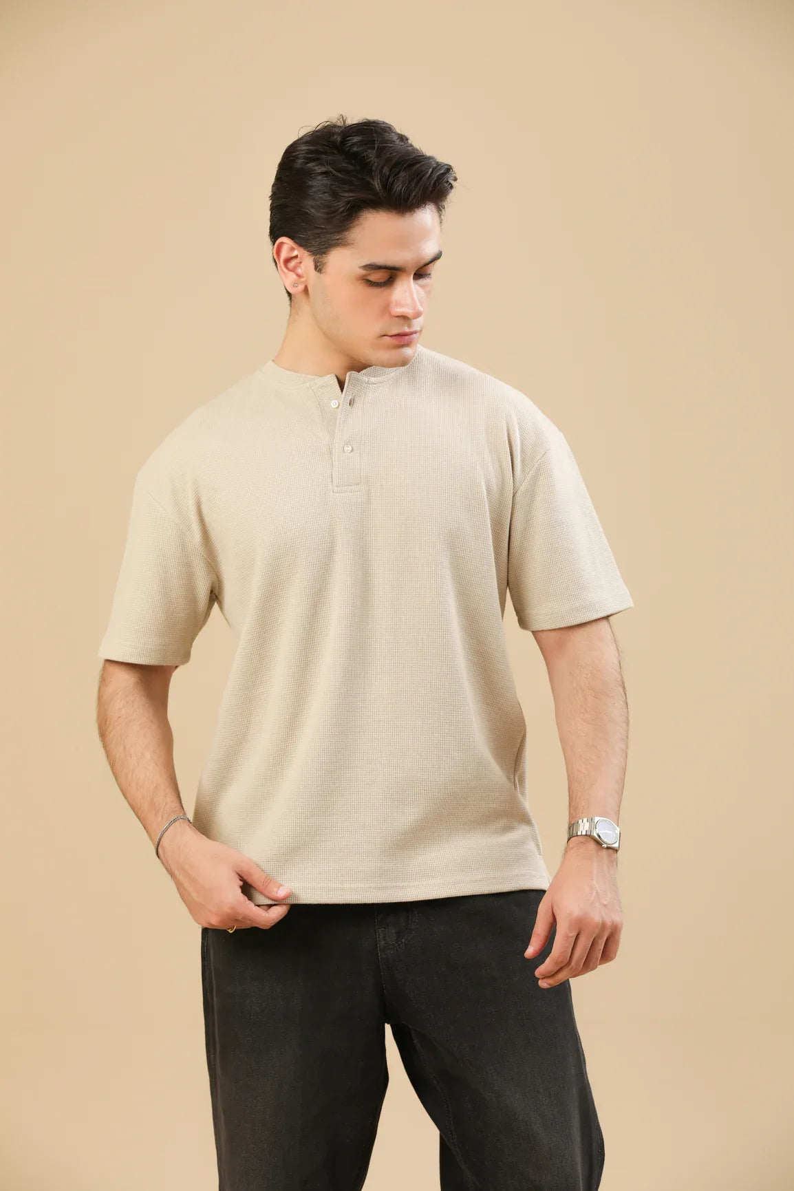 Beige White Waffle Oversized Henley - Men - Muraqsh -- Men Western