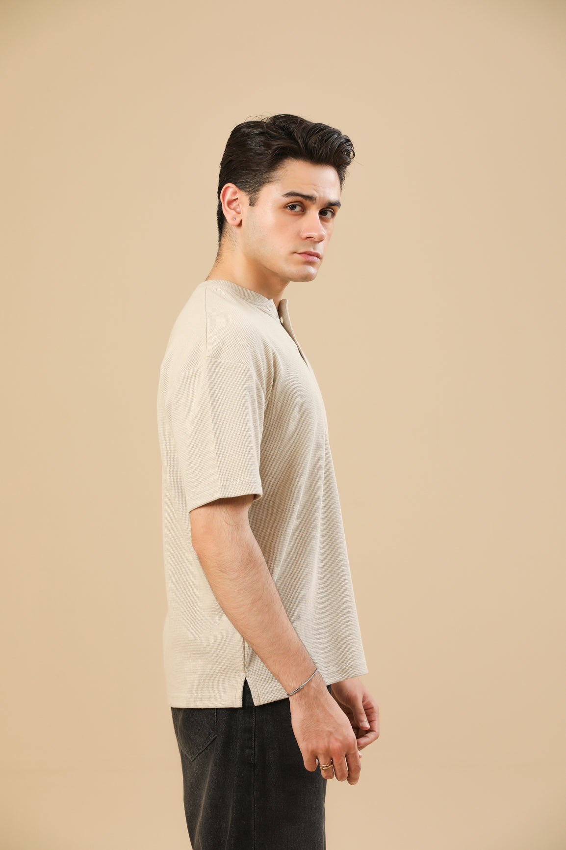 Beige White Waffle Oversized Henley - Men