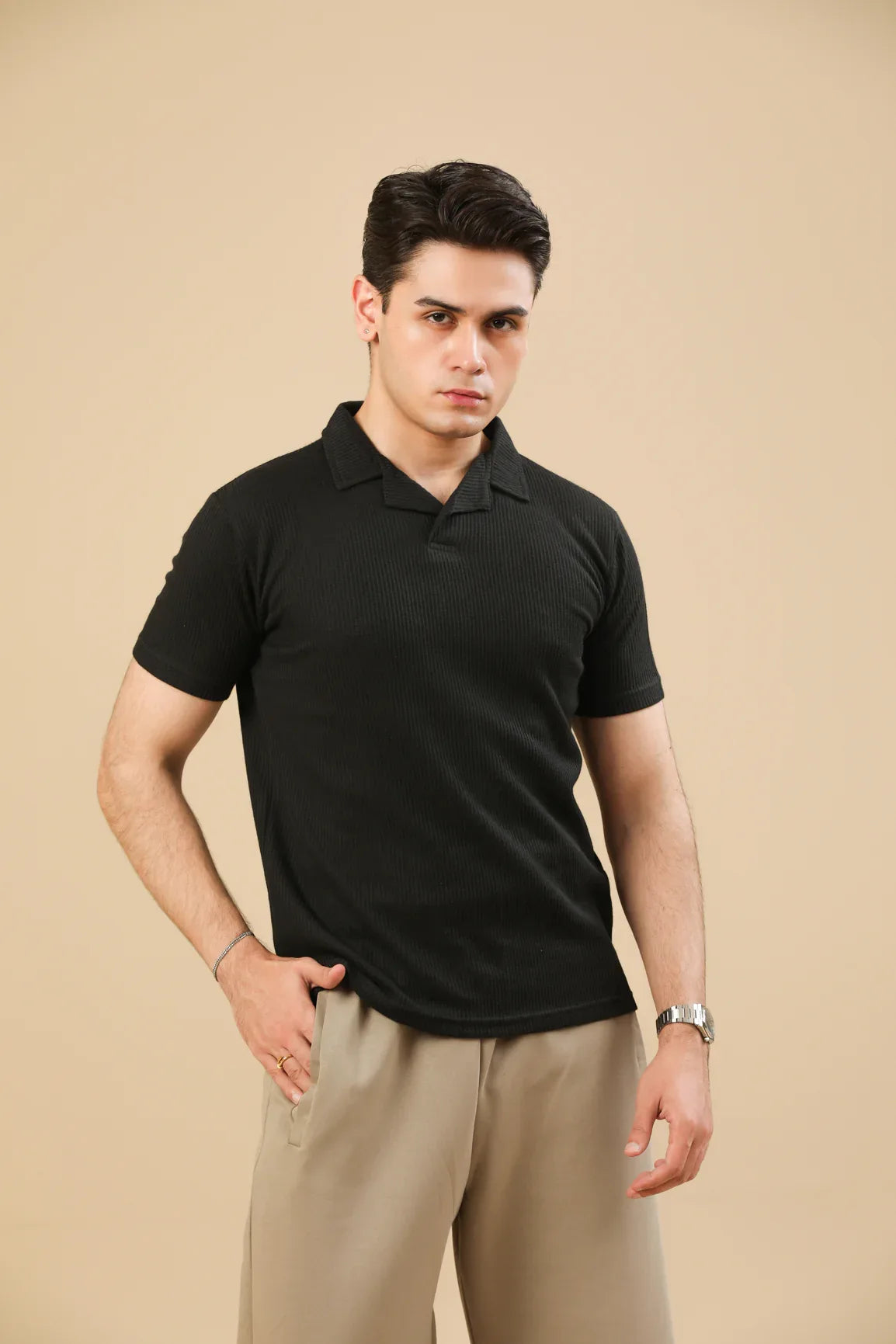Black Drop Needle Revere Polo - Men - Muraqsh -- Men Western