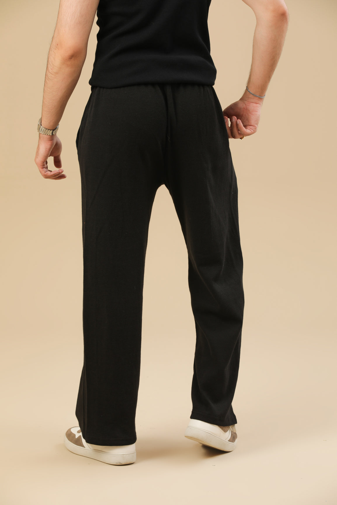 Black Drop needle Loose Fit Pants with Drawstring - Men