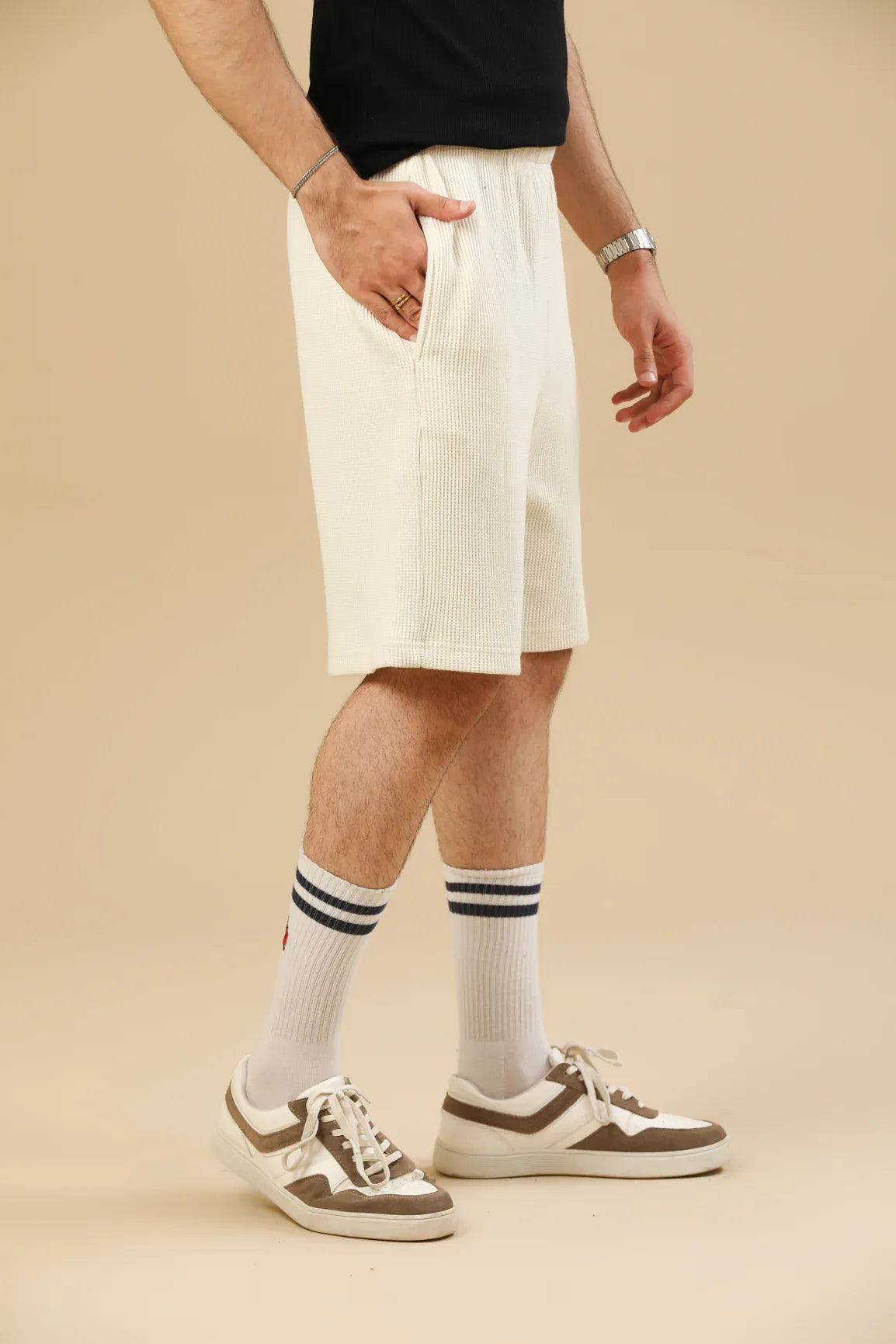 Off White Waffle Textured Shorts with Hidden Drawstring - Men - Muraqsh -- Men Western