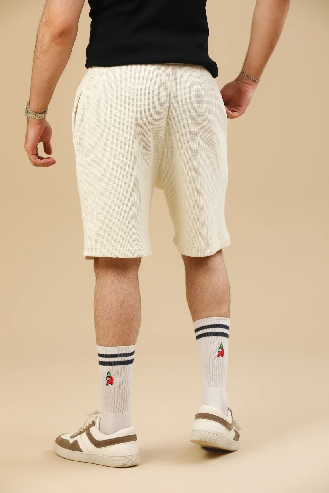 Off White Waffle Textured Shorts with Hidden Drawstring - Men - Muraqsh -- Men Western