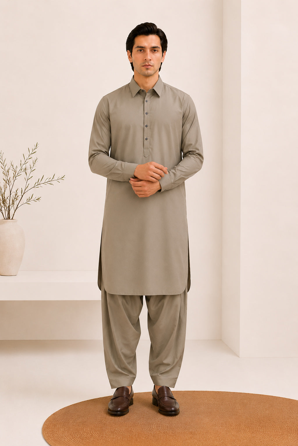 Sand Beige French Collar Kameez Shalwar - Men