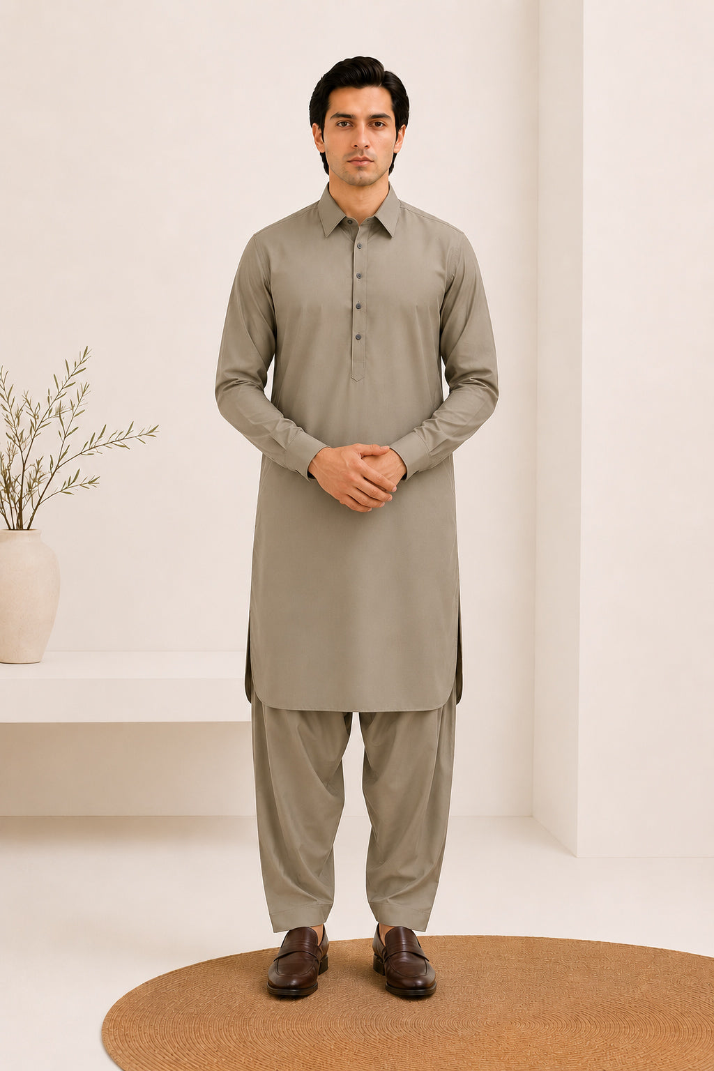 Sand Beige French Collar Kameez Shalwar - Men