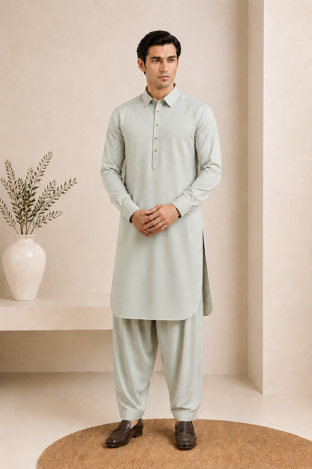 Ash Mint French Collar Kameez Shalwar - Men