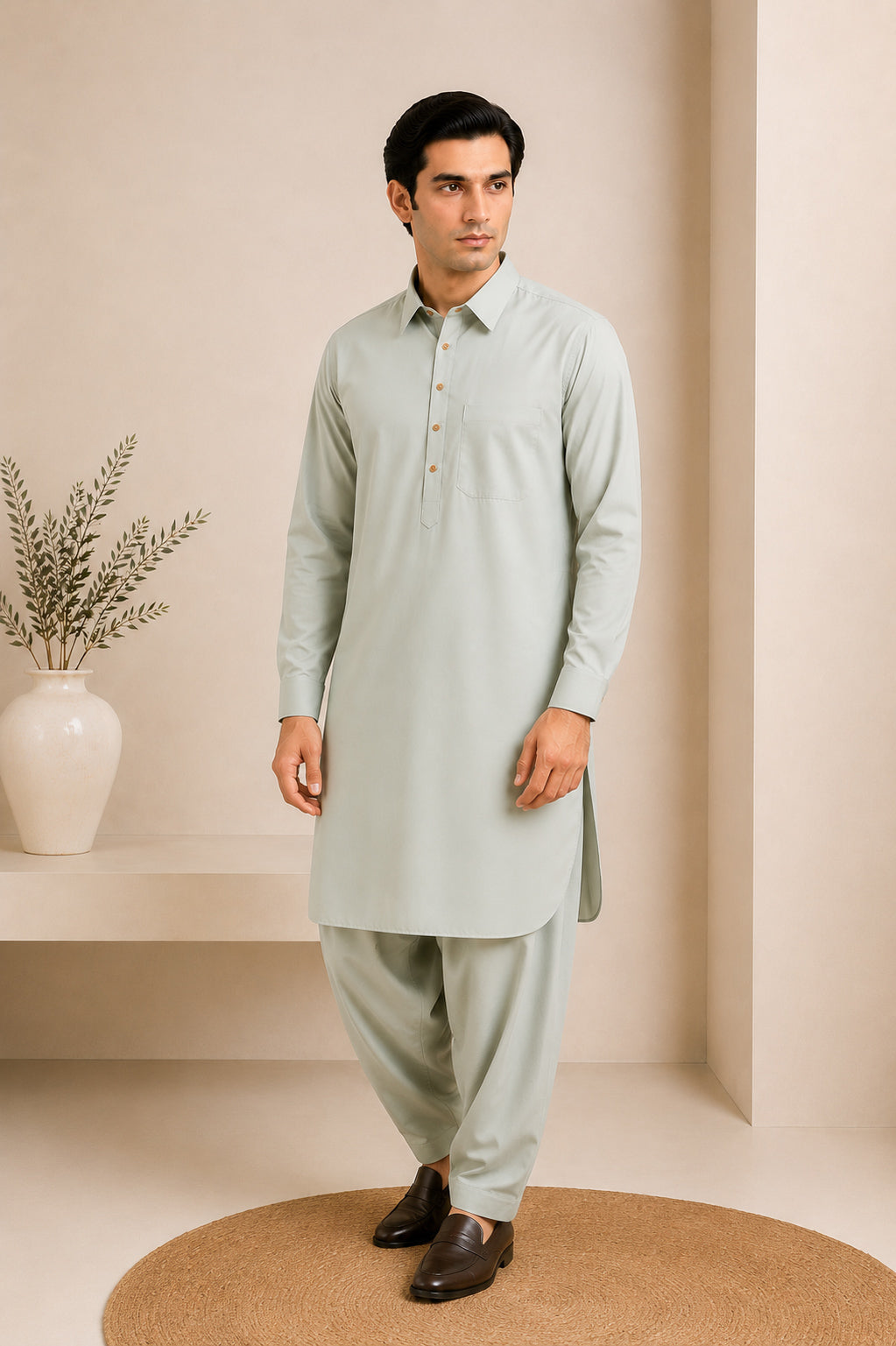 Ash Mint French Collar Kameez Shalwar - Men