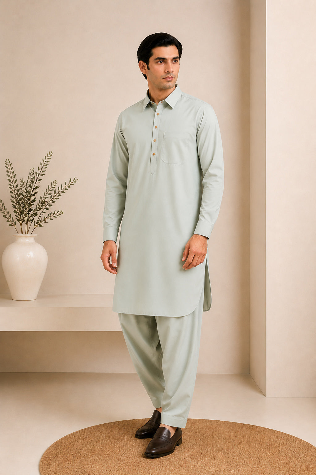 Ash Mint French Collar Kameez Shalwar - Men