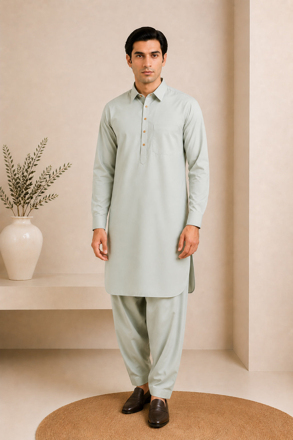 Ash Mint French Collar Kameez Shalwar - Men