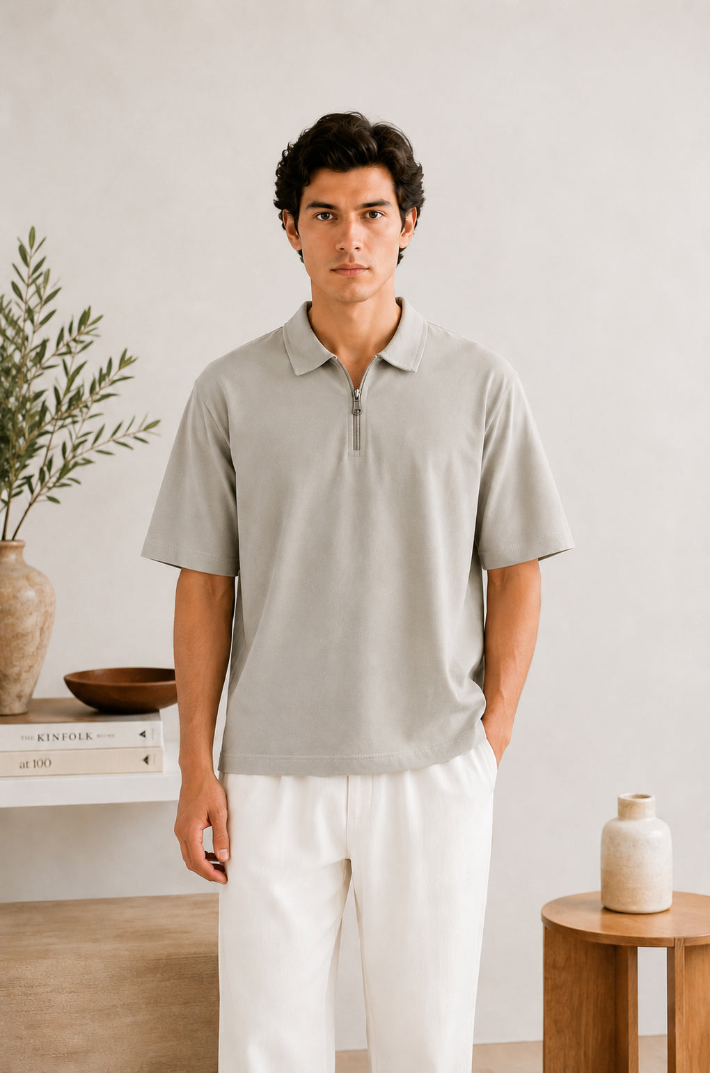 Ash White Terry Zipper Polo - Men