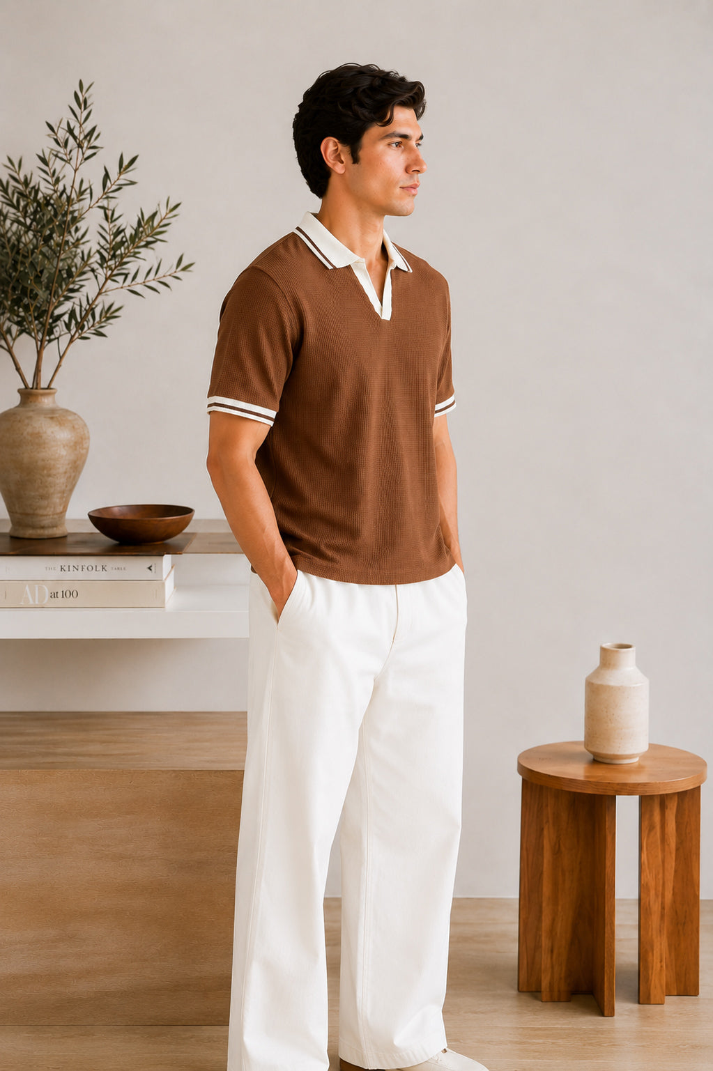 Camel Waffle Johnny Collar Polo - Smart Fit - Men - Men