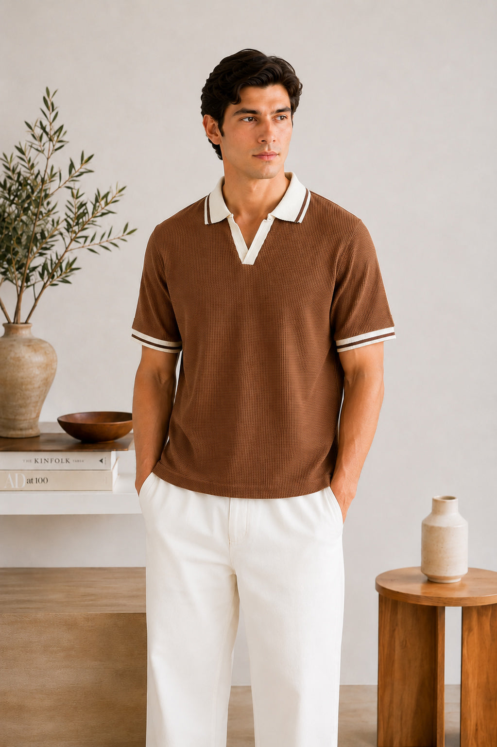 Camel Waffle Johnny Collar Polo - Smart Fit - Men - Men