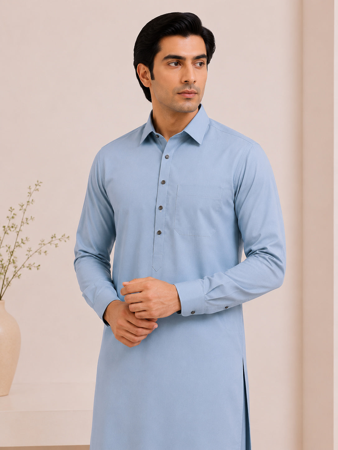 Powder Blue French Collar Kameez Shalwar - Men