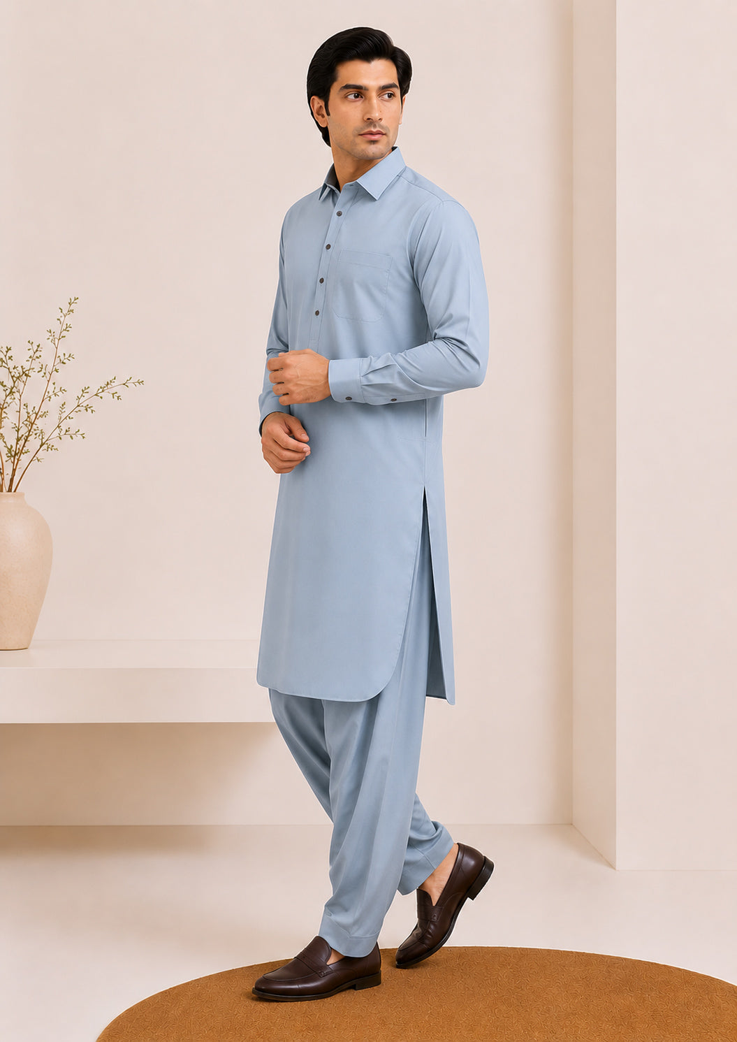 Powder Blue French Collar Kameez Shalwar - Men