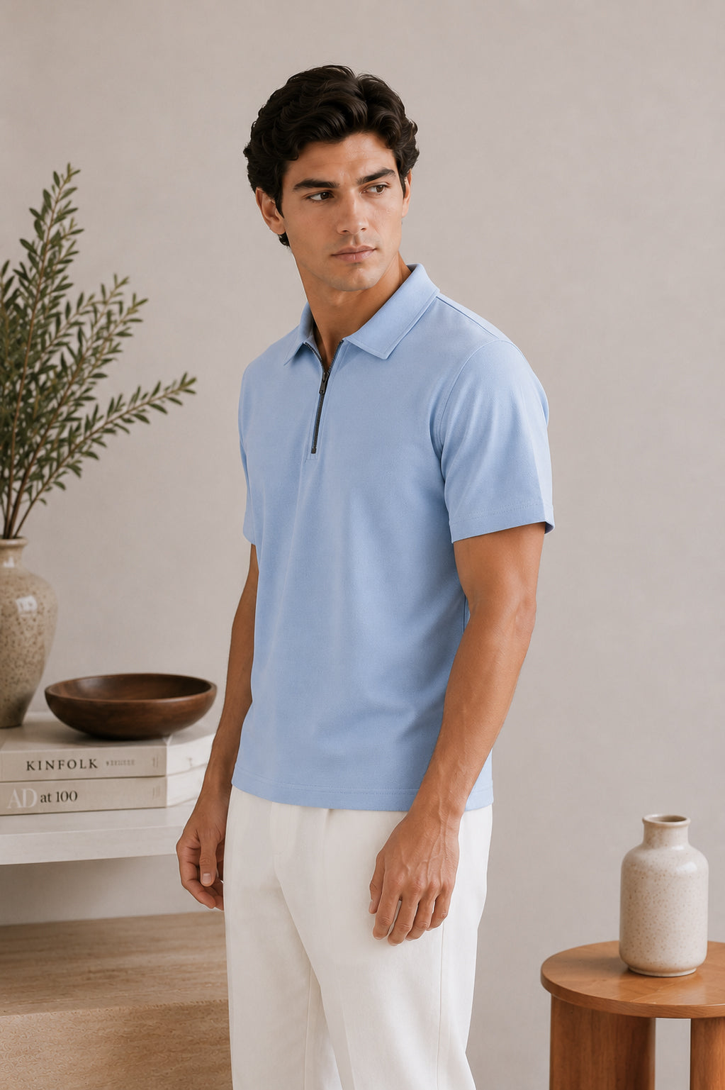 Sky Blue Basic Zipper Polo - Smart Fit- Men - Men