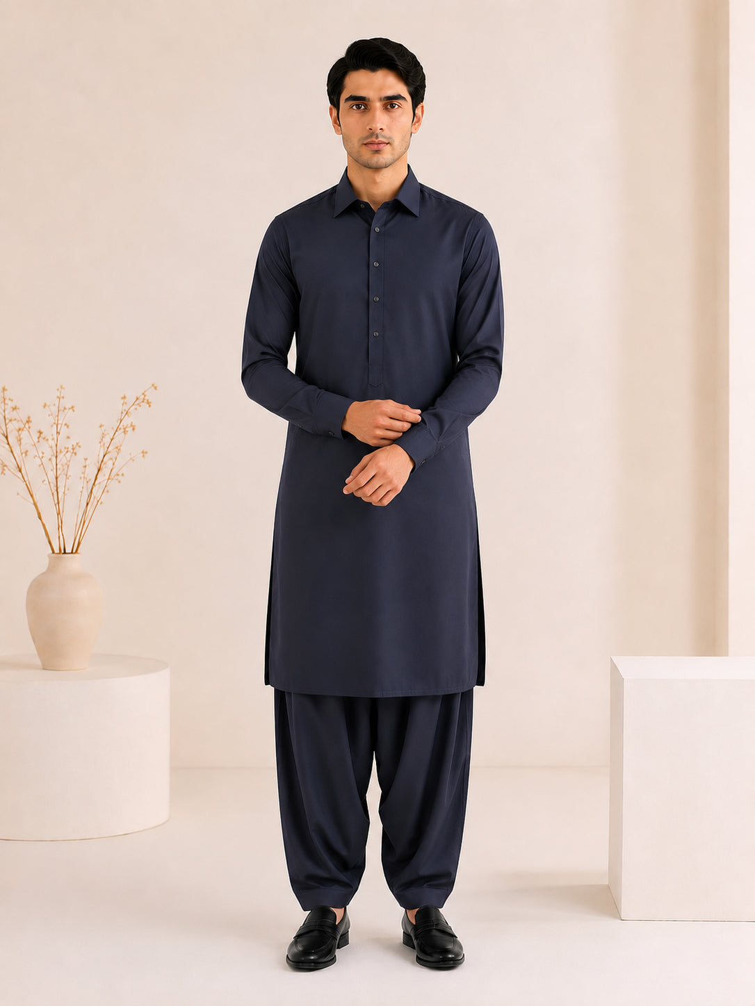 Navy Blue French Collar Kameez Shalwar - Men