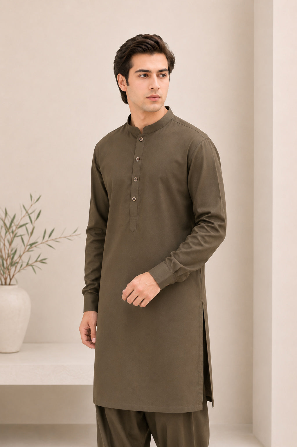 Olive Green Kurta Trouser/Shalwar - Men - Men