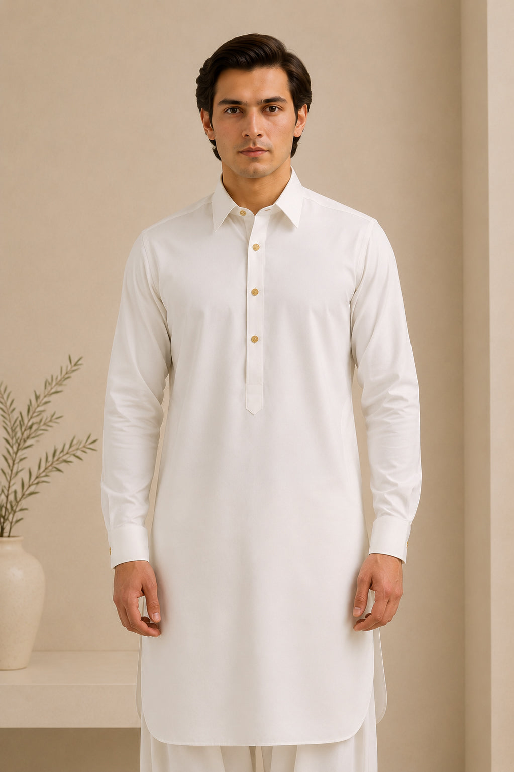 White Bosky French Collar Kameez Shalwar - Men